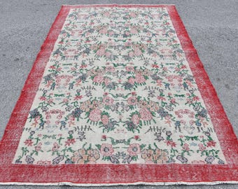 ヴィンテージトルコ絨毯、大型（187 x 274 cm）、赤い花柄ウール絨毯