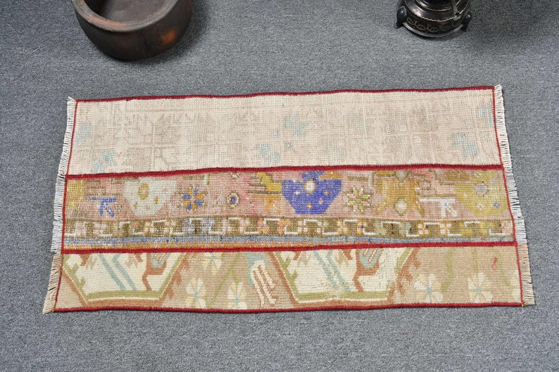 Turkish Vintage Rug 1.5x2.8 ft (45x86 cm), Brown Ikat Wool Rug image 3