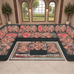 Divano etnico verde scuro, seduta da pavimento con motivo fatto a mano, divano versatile per soggiorno, seduta tribale boho, divano ottomano con pouf