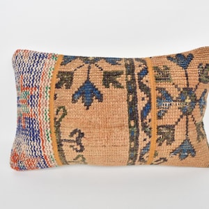 May include: Rectangular decorative pillow with a woven design. The pillow features a central tan field with blue and black floral patterns. The left side has a colorful striped pattern in blue, red, and orange. The pillow is a home decor item.