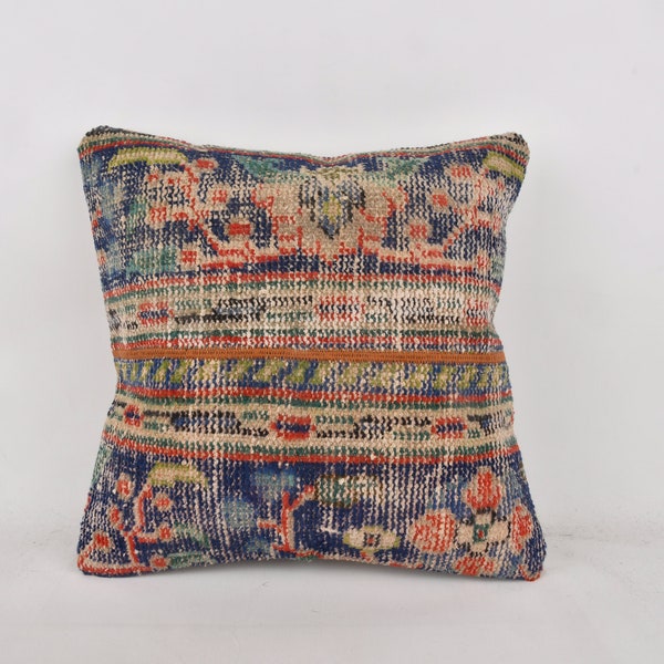 Turkish Pillow, Throw Kilim Pillow, 18x18 Boho Pillow, Gift Pillow, Blue Cushion Case, Patchwork Pillow, Rug Pillow, Colorful Cushion,
