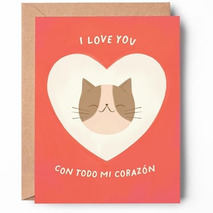 Tarjeta Aniversario, Spanish Love Card, Tarjeta de Amor, Cute Cat Greeting Card, Blank and Envelope
