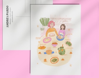 Nostalgic Kitchen Print, Hispanic and Latino Memories, Traditional Food illustration, Playful and Colorful Postcard of Mom and Daughter