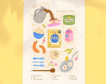 Colombian Breakfast Mini Print, Hispanic Recipe Illustration, Traditional Paisa Food Drawings, Colorful and Playful Ingredients Illustration