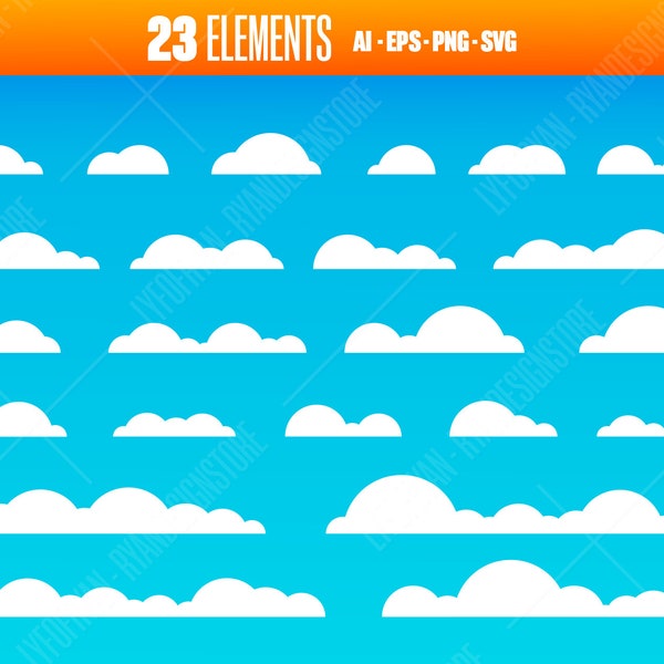 23 Minimal cloud set vector design illustration - Cloud silhouette clipart - sky - rain cloud - weather - Cloud design - ai, eps, svg, png