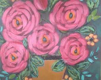 Hand Painted Floral Acrylic Painting on Wood (11x14)