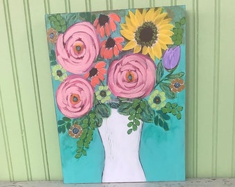 11 by 14/Hand Painted/Acrylic Flower Painting on Wood with Cradle/Unframed/Original Painting