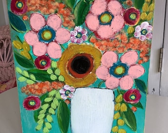 8 by 10/Hand Painted/Acrylic Flower Painting on Wood with Cradle/Unframed/Original Painting