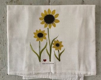 White Cotton Flour Sack Towel/Tea Towels/Dish Towel/Kitchen Towel/28 by 29 inch/Yellow Flower image is from a original painting