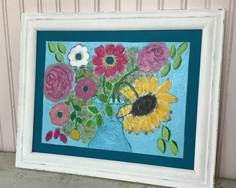 11 by 14/Hand Painted/Acrylic Flower Painting on Wood/Original Painting/White Painted Wood Frame