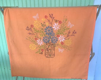 Orange Flour Sack Towels/Hand Stenciled/Flowers/Bees/Butterflies/Fabric Paint/28 by 28 inch 100% CottonTowel/Stencil area is 20 by 24 inches