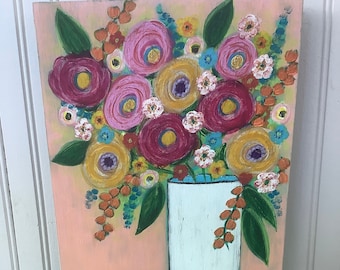 11 by 14/Hand Painted/Acrylic Flower Painting on Wood with Cradle/Unframed/Original Painting