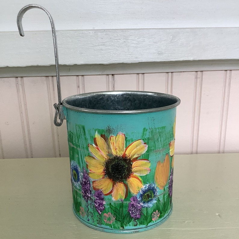Hand Painted Indoor metal planter with hook/Sunflower Garden/Measures 3 3/4 inch round and 4 inches tall to rim image 2