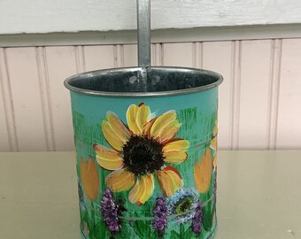 Hand Painted Indoor metal planter with hook/Sunflower Garden/Measures 3 3/4 inch round and 4 inches tall (to rim)