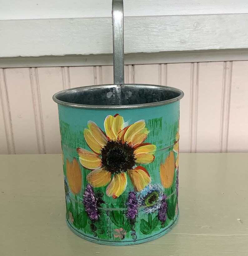 Hand Painted Indoor metal planter with hook/Sunflower Garden/Measures 3 3/4 inch round and 4 inches tall to rim image 1