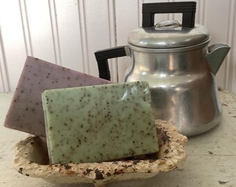 Coffee/Honey/Lavender or Peppermint Essential Oil/Goat’s Milk/Bar Soap/Handmade/4.5 ounces/Made with dried grounds and Fresh Brewed Coffee