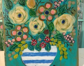 May include: A square painting on a wooden panel featuring a bouquet of stylized flowers in a white and blue striped bowl. The artwork displays cream, pink, and red blossoms with green leaves against a vibrant turquoise background with gold dots.