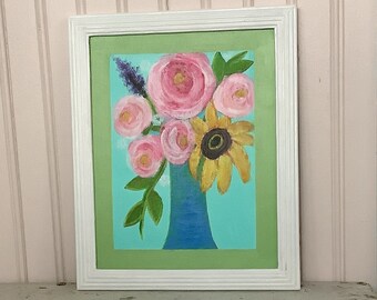8 by 10/Hand Painted/Acrylic Flower Painting on Wood/Vintage White Painted Frame/Pink Flower Vase