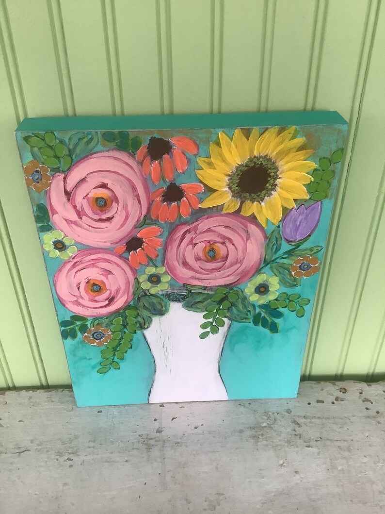 11 by 14/Hand Painted/Acrylic Flower Painting on Wood with Cradle/Unframed/Original Painting image 5