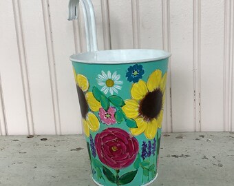 Hand Painted Galvanized Metal Planter with hook/Floral/Aqua Green/Garden/Measures 5 1/2 inches tall (to rim) and 4 1/4 inches round