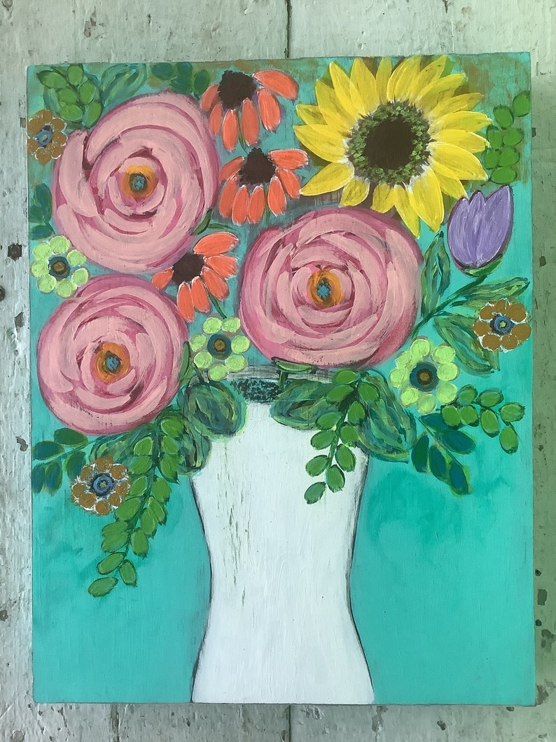 11 by 14/Hand Painted/Acrylic Flower Painting on Wood with Cradle/Unframed/Original Painting image 2