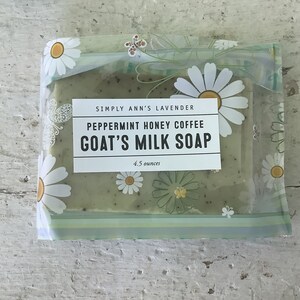 Coffee/Honey/Lavender or Peppermint Essential Oil/Goats Milk/Bar Soap/Handmade/4.5 ounces/Made with dried grounds and Fresh Brewed Coffee Peppermint Coffee