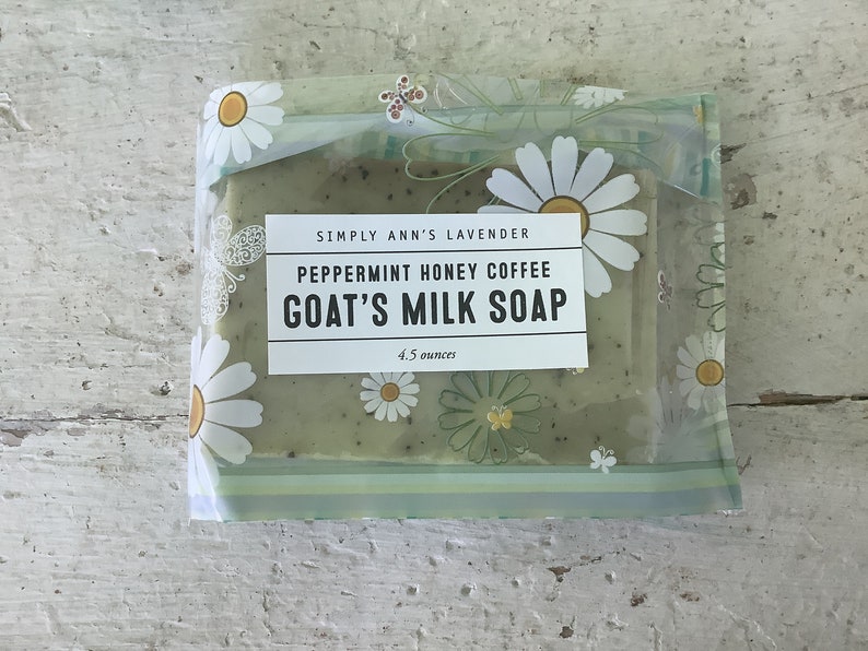 Coffee/Honey/Lavender or Peppermint Essential Oil/Goats Milk/Bar Soap/Handmade/4.5 ounces/Made with dried grounds and Fresh Brewed Coffee Peppermint Coffee