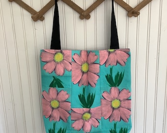 Handmade Floral Tote/Linen Cotton Canvas/Lined Tote Bag/Black Polyester Handles/Made By Mom/Fabric is from my Violet/Pink Flower painting