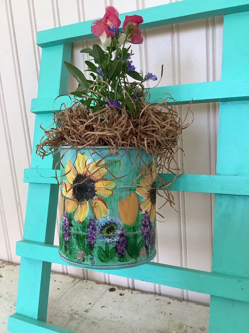 Hand Painted Indoor metal planter with hook/Sunflower Garden/Measures 3 3/4 inch round and 4 inches tall to rim image 5