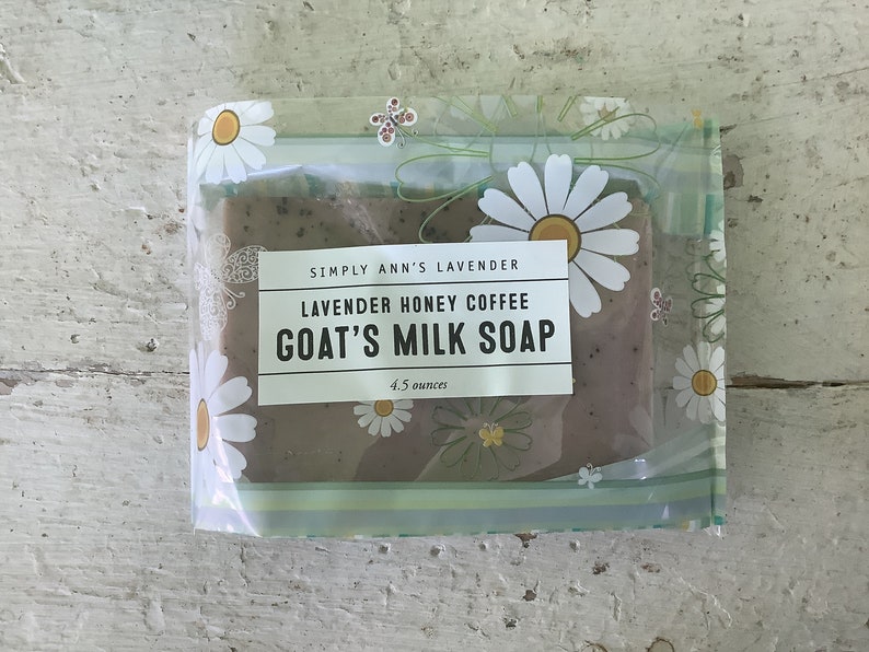 Coffee/Honey/Lavender or Peppermint Essential Oil/Goats Milk/Bar Soap/Handmade/4.5 ounces/Made with dried grounds and Fresh Brewed Coffee Lavender Coffee