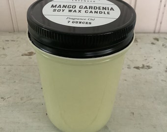 Mango Gardenia Scented Candle/7 ounce/Floral Citrus/Vegan/Handmade/Soy Wax/Cotton Wick/Recyclable Glass Jelly Jar with Black Metal Lid
