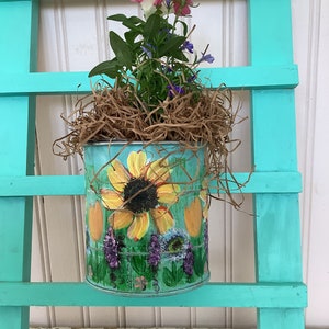 Hand Painted Indoor metal planter with hook/Sunflower Garden/Measures 3 3/4 inch round and 4 inches tall to rim image 4