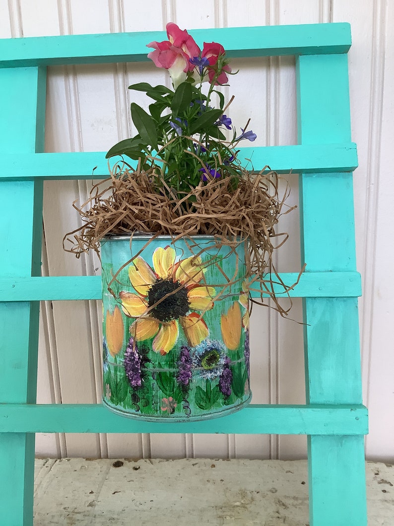 Hand Painted Indoor metal planter with hook/Sunflower Garden/Measures 3 3/4 inch round and 4 inches tall to rim image 4