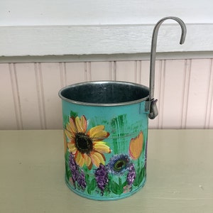 Hand Painted Indoor metal planter with hook/Sunflower Garden/Measures 3 3/4 inch round and 4 inches tall to rim image 3