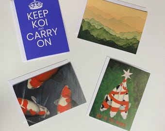 Koi Greetings Cards, Handmade Fish Art, Pack of 6. Choice of designs.