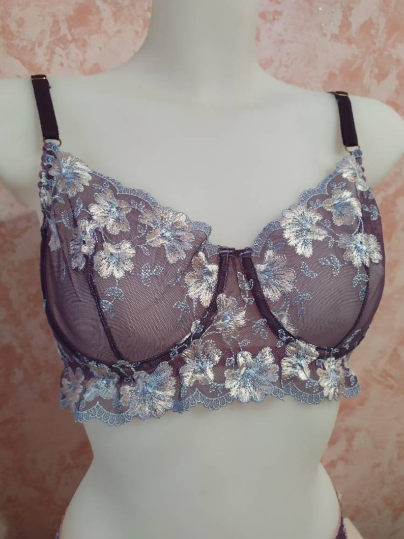 See through lingerie lavender underwear unlined balconette bra purple bra and pants Lace lingerie set sheer demi cup underwire bra