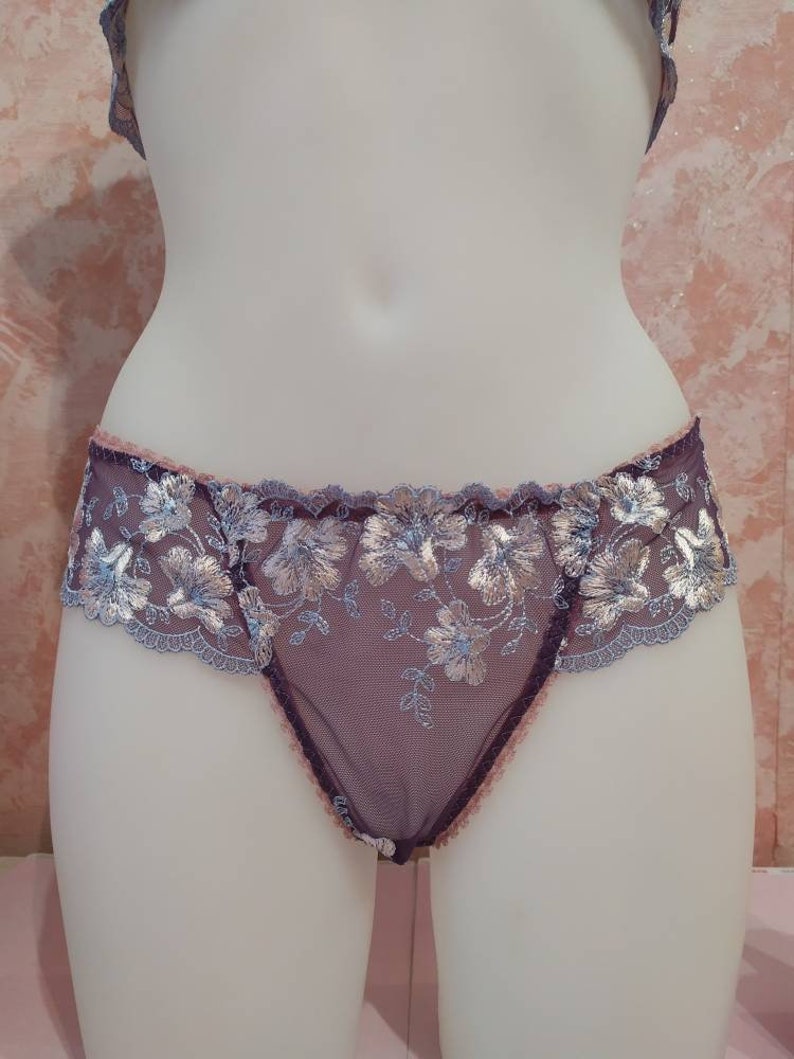 See through lingerie lavender underwear unlined balconette bra purple bra and pants Lace lingerie set sheer demi cup underwire bra
