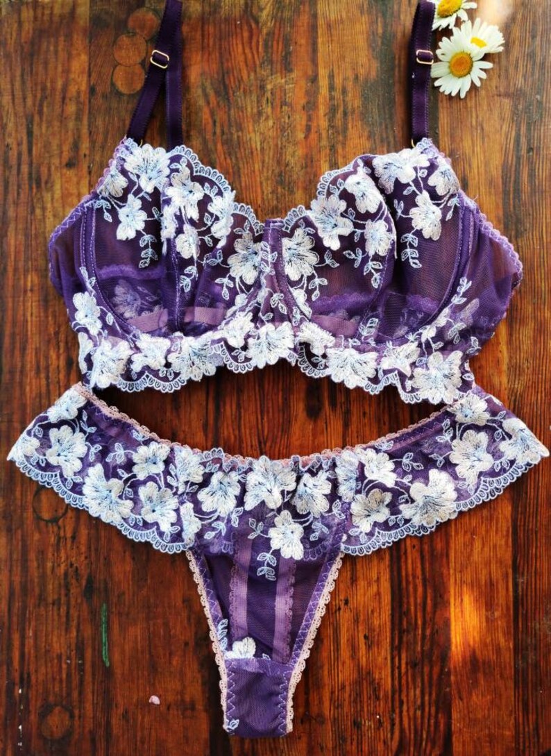 See through lingerie lavender underwear unlined balconette bra purple bra and pants Lace lingerie set sheer demi cup underwire bra