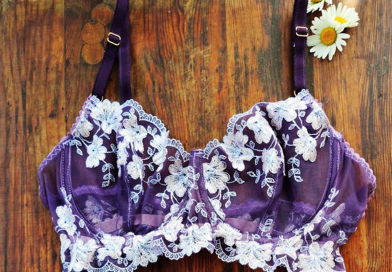 See through lingerie lavender underwear unlined balconette bra purple bra and pants Lace lingerie set sheer demi cup underwire bra