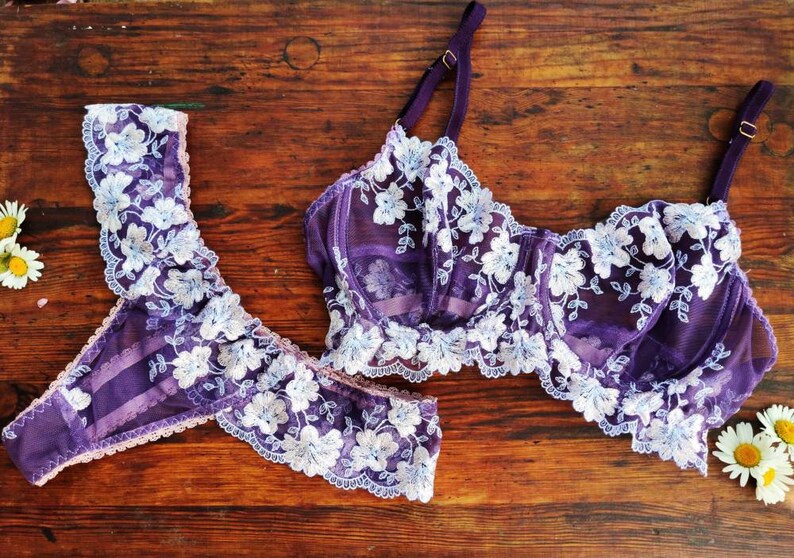 See through lingerie lavender underwear unlined balconette bra purple bra and pants Lace lingerie set sheer demi cup underwire bra