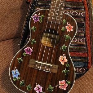 Hand-painted dark rosewood ukulele: Tropical Isle sea turtle/hibiscus