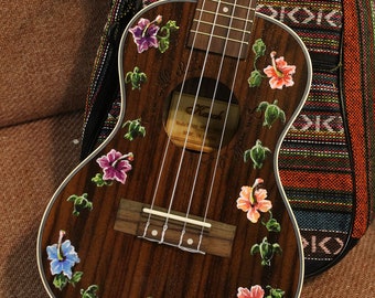 Hand-painted dark rosewood concert ukulele: Tropical Isle sea turtle/hibiscus