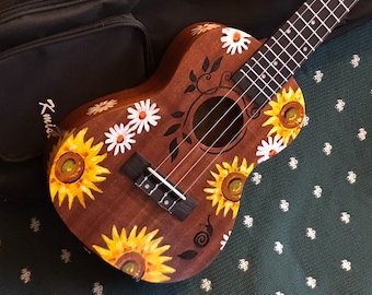 Hand-painted concert ukulele: Sunflower/Daisy Design with inscribed leaves