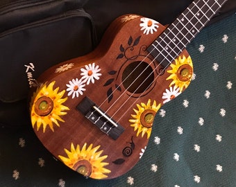 Hand-painted concert ukulele: Sunflower/Daisy Design with inscribed leaves