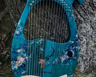 Hand-decorated Lyre Harp - 16-string, Cosmic Sky design