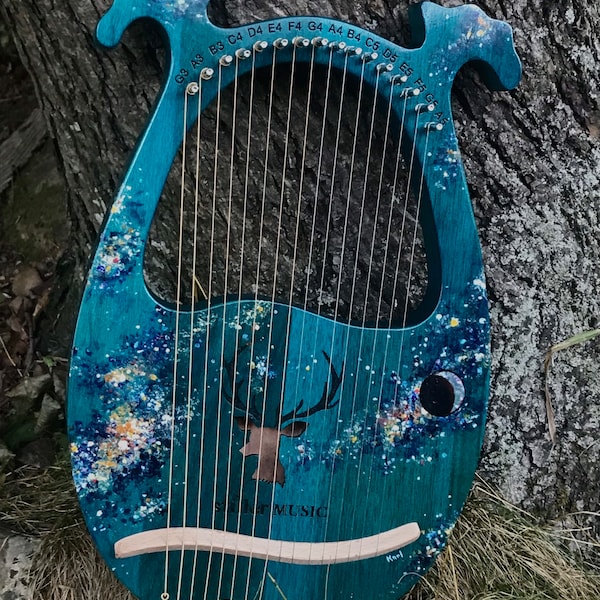 Hand-decorated Lyre Harp - 16-string, Cosmic Sky design