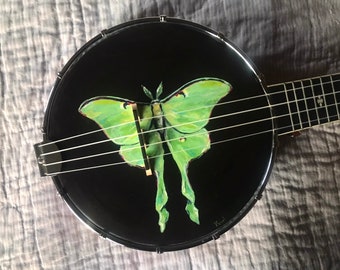 Può includere: Un banjo nero con una falena luna verde dipinta sul davanti. Il banjo ha un bordo cromato e un manico in legno.