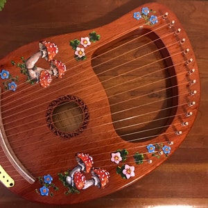 Hand-decorated Lyre Harp - 16-string, hollow, Mushroom and Woodland Flowers design
