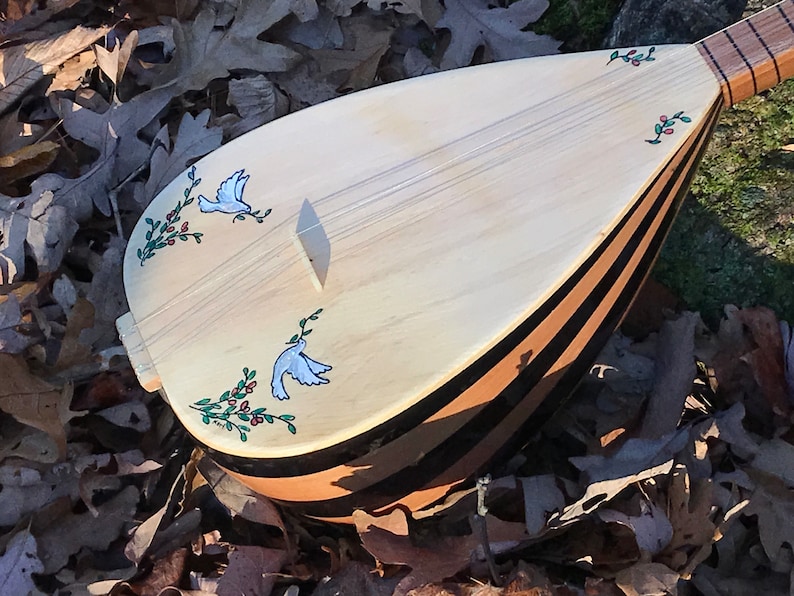 May include: A wooden stringed instrument with a pear-shaped body and black and brown stripes. The instrument is decorated with two white doves and green leaves with red berries.