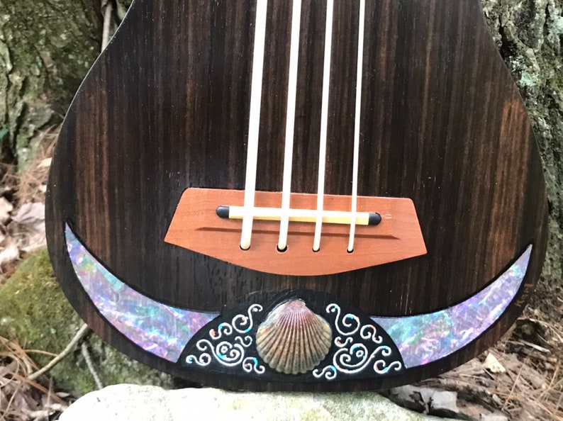 K&ouml;nnte beinhalten: Eine Ukulele aus dunklem Holz mit einer braunen Br&uuml;cke und einer Muscheleinlage. Die Einlage zeigt eine Muschel und ein wirbelndes Design.
